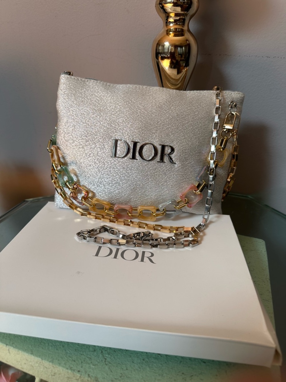 Dior Sparkle Silver Shoulder Bag with Mixed Metal Chain